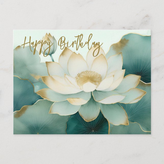  Lotus flower gold edges Happy Birthday Postcard (Front)