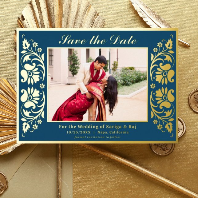 Lotus Flower Indian Save The Date with Photo Gold (Blue Indian wedding save the date card with photo, hindu wedding save the date card, lotus flower)