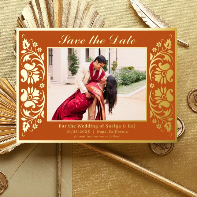 Lotus Flower Indian Save The Date with Photo Gold (Orange Indian wedding save the date card with photo, hindu wedding save the date card, lotus flower)