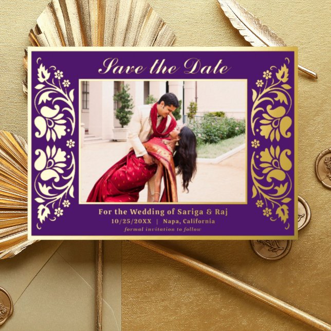 Lotus Flower Indian Save The Date with Photo Gold (Purple Indian wedding save the date card with photo, hindu wedding save the date card, lotus flower)