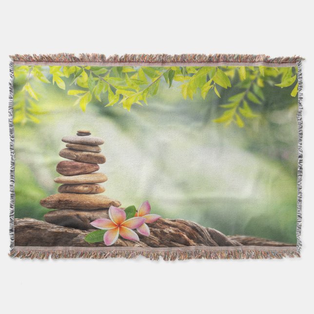 Lotus Flower Landscape, Zen Stones Throw Blanket (Front)