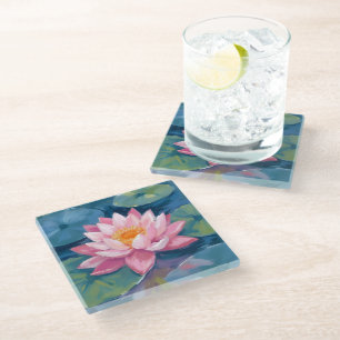 Lotus Flower Lily Pad Watercolor Glass Coaster