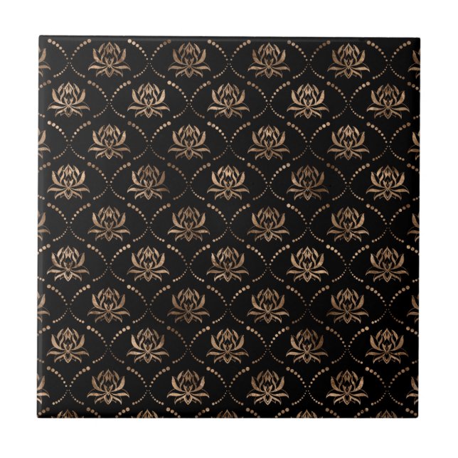 Lotus Flower Luxury pattern - black and gold Tile (Front)