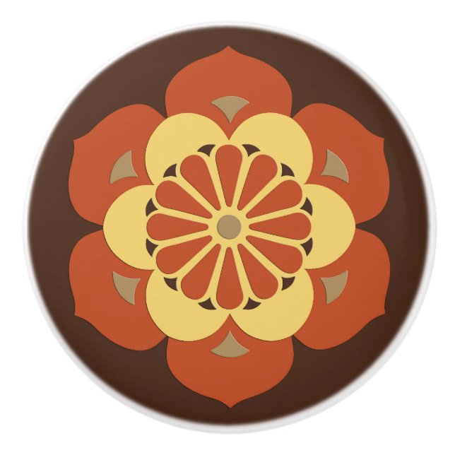 Lotus Flower Mandala, Brown, Rust and Yellow Ceramic Knob (Front)