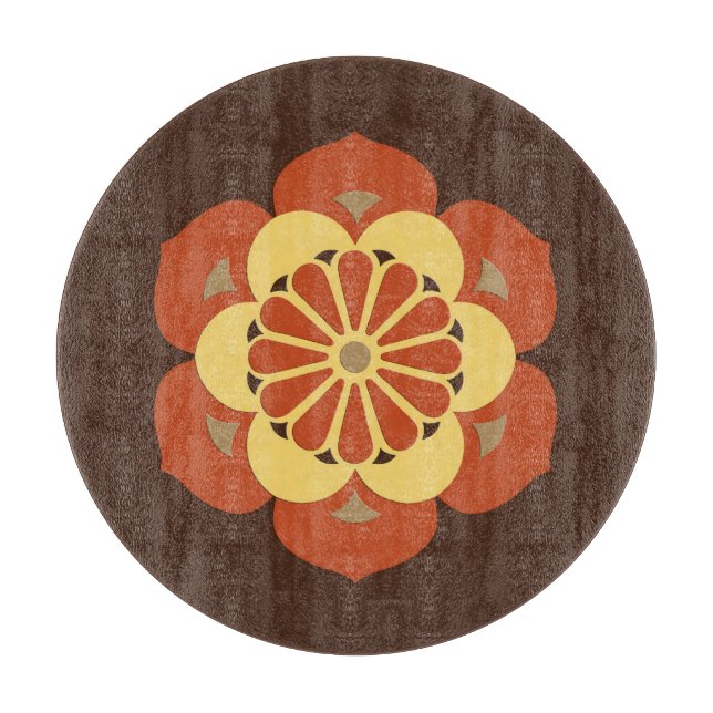 Lotus Flower Mandala, Brown, Rust and Yellow Cutting Board (Front)