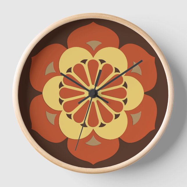 Lotus Flower Mandala, Brown, Rust and Yellow Wall Clock (Front)