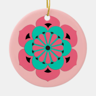 Lotus Flower Mandala, Coral Pink and Turquoise Ceramic Tree Decoration