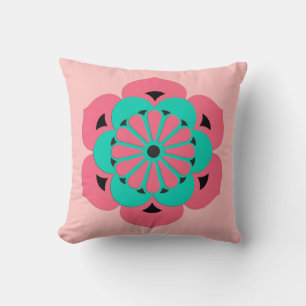 Lotus Flower Mandala, Coral Pink and Turquoise Cushion