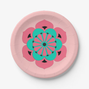 Lotus Flower Mandala, Coral Pink and Turquoise Paper Plate