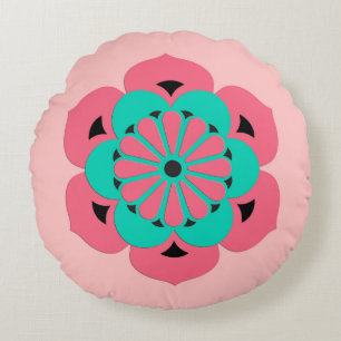 Lotus Flower Mandala, Coral Pink and Turquoise Round Cushion