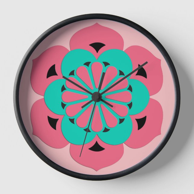 Lotus Flower Mandala, Coral Pink and Turquoise Wall Clock (Front)