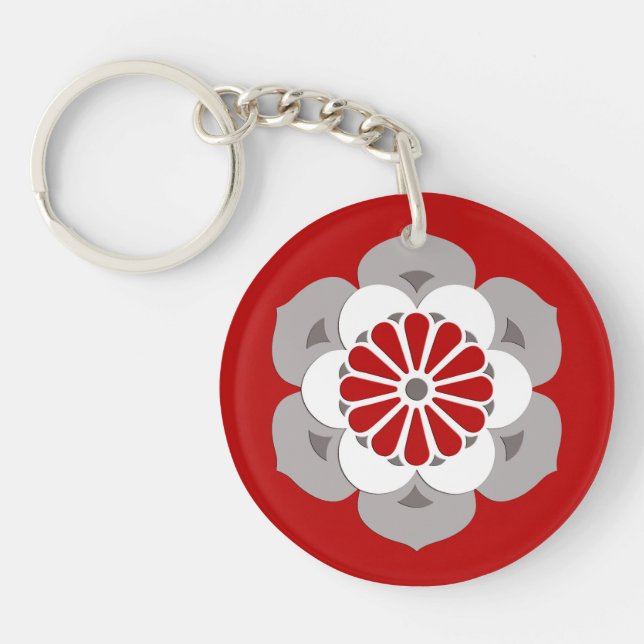 Lotus Flower Mandala, Dark Red, Grey and White Key Ring (Front)