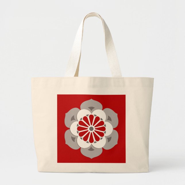 Lotus Flower Mandala, Dark Red, Grey and White Large Tote Bag (Front)