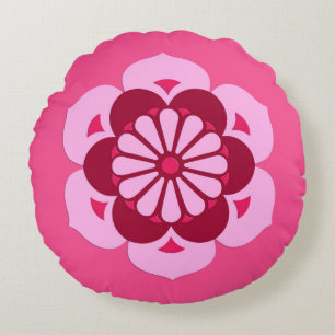 Lotus Flower Mandala, Fuchsia Pink and Burgundy Round Cushion
