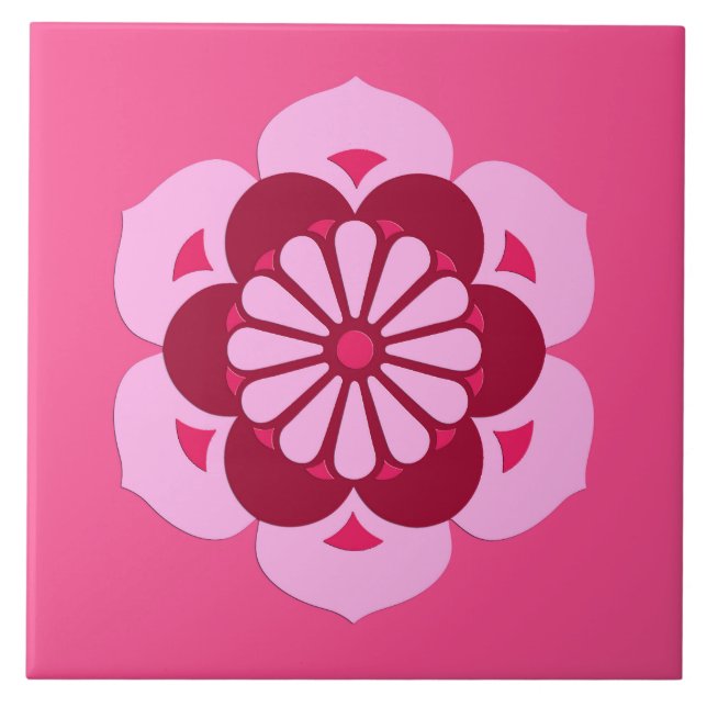 Lotus Flower Mandala, Fuchsia Pink and Burgundy Tile (Front)
