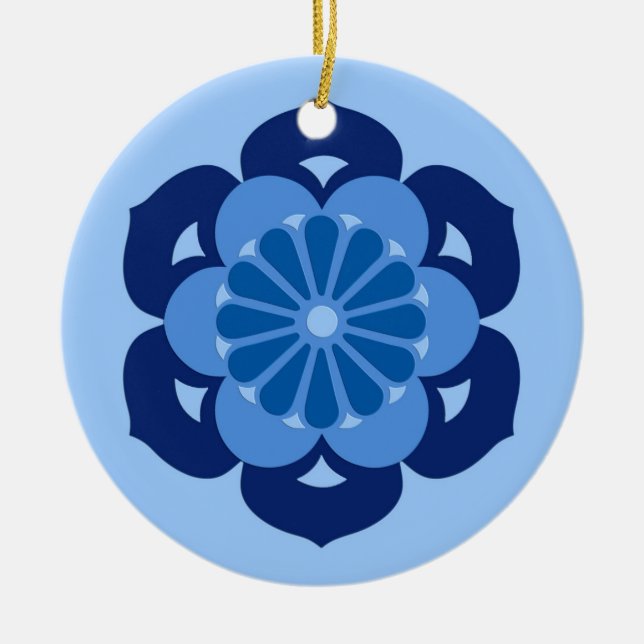 Lotus Flower Mandala, Indigo and Light Blue Ceramic Tree Decoration (Front)
