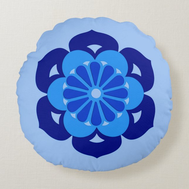 Lotus Flower Mandala, Indigo and Light Blue Round Cushion (Front)