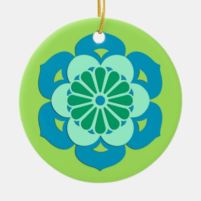 Lotus Flower Mandala, Lime Green and Light Blue Ceramic Tree Decoration (Front)
