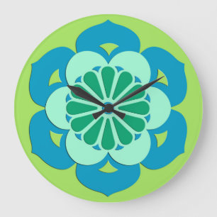Lotus Flower Mandala, Lime Green and Light Blue Large Clock