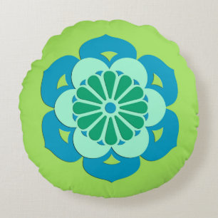 Lotus Flower Mandala, Lime Green and Light Blue Round Cushion