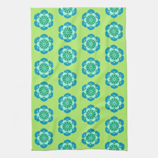 Lotus Flower Mandala, Lime Green and Light Blue Tea Towel (Vertical)