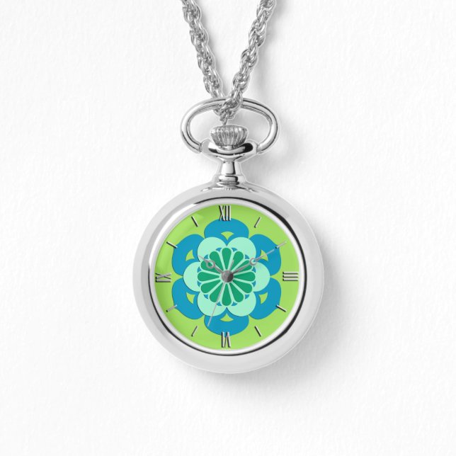Lotus Flower Mandala, Lime Green and Light Blue Watch (Front)