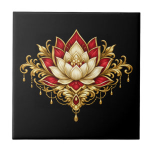Lotus flower maroon gold black floral indian wall tile