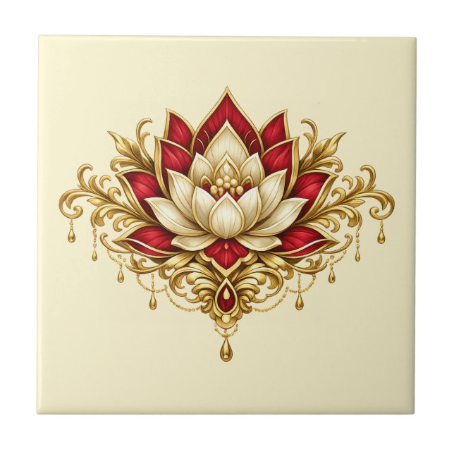 Lotus flower maroon gold floral indian wall tile (Front)