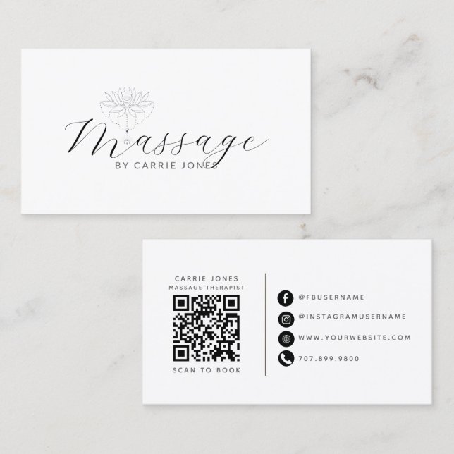 Lotus Flower Massage Therapist QR Code Business Card (Front/Back)