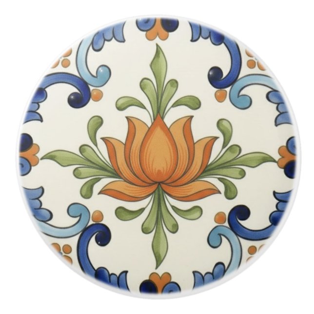 Lotus Flower Mediterranean Blue Cream Ceramic Knob (Front)
