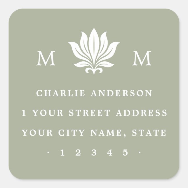 Lotus Flower & Monogram muted sage return address Square Sticker (Front)