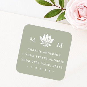 Lotus Flower & Monogram muted sage return address Square Sticker