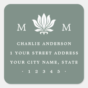 Lotus Flower & Monogram pine green return address Square Sticker