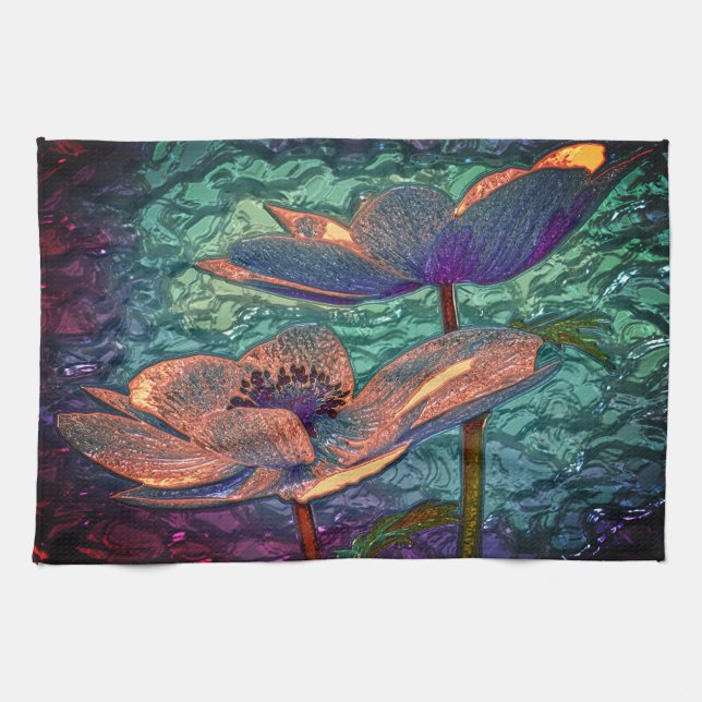 Lotus flower on water green purple gold floral tea towel (Horizontal)