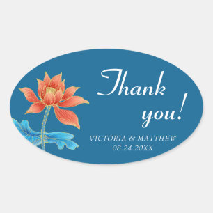 Lotus Flower Orange & Blue Wedding Thank You Oval Sticker