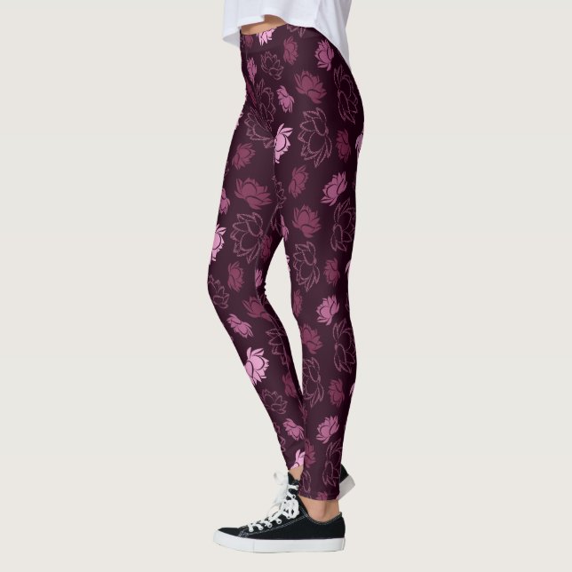 Lotus Flower Pattern in Burgundy Colour Leggings (Left)