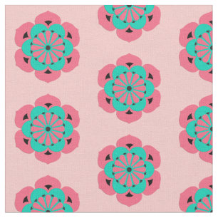 Lotus Flower Print, Coral Pink and Turquoise  Fabric