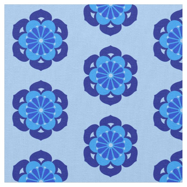 Lotus Flower Print, Indigo and Light Blue  Fabric (Close Up)