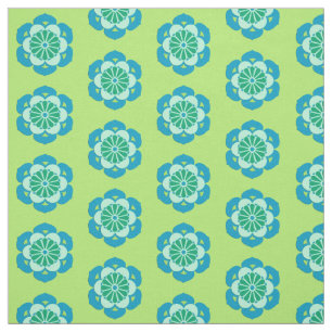 Lotus Flower Print, Lime Green and Light Blue Fabric