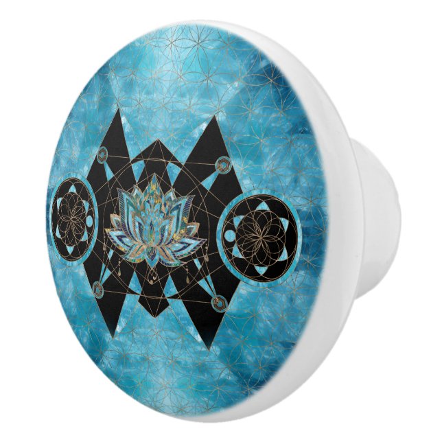 Lotus flower - Sacred Geometry - Blue Crystal Ceramic Knob (Right)