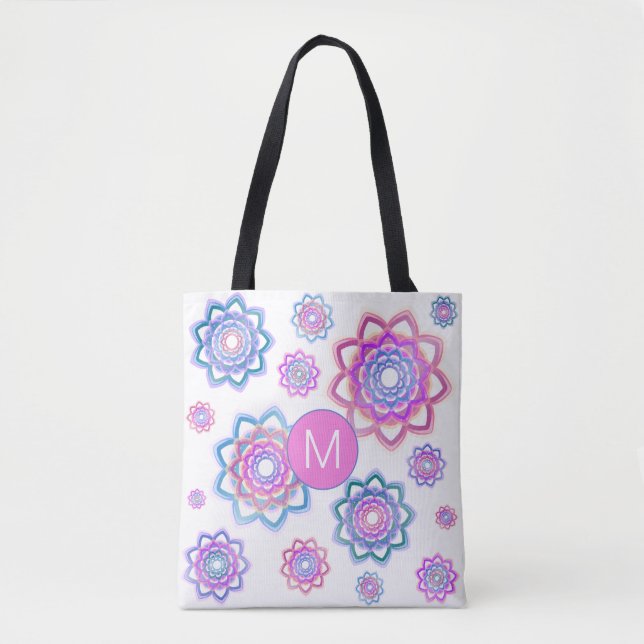 Lotus Flower Simple Pink Pastel Green Monogram Tote Bag (Front)