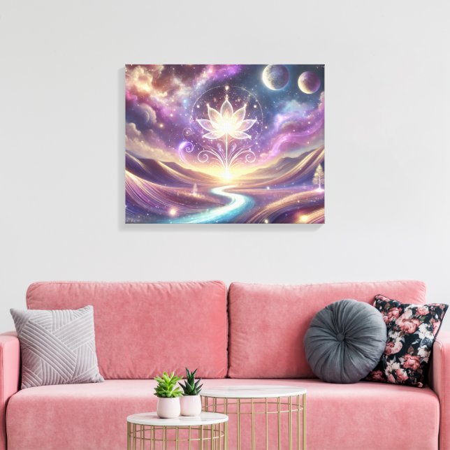 Lotus Flower with Cosmic Sky and Flowing River Canvas Print (Insitu(LivingRoom))