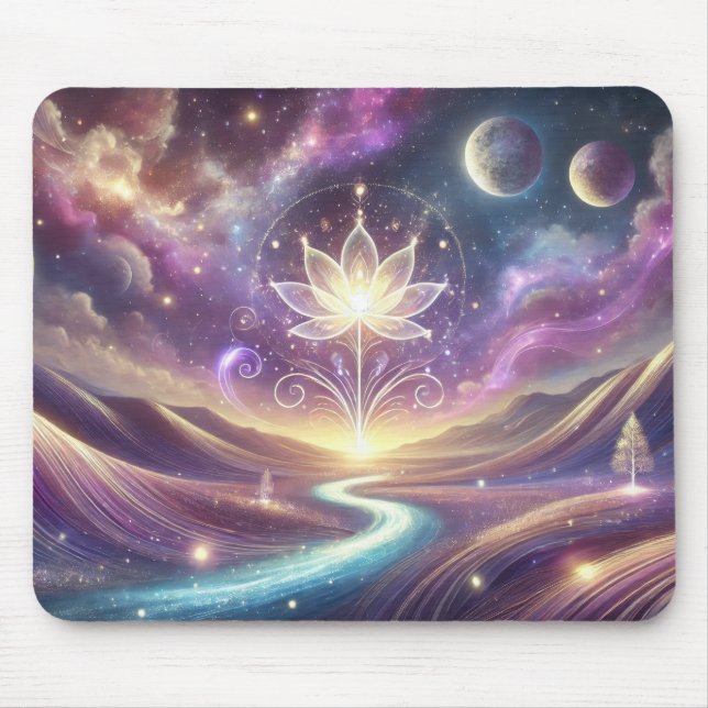 Lotus Flower with Cosmic Sky and Flowing River Mouse Pad (Front)