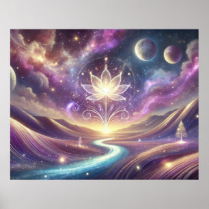 Lotus Flower with Cosmic Sky and Flowing River Poster