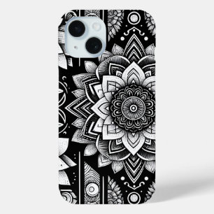 Lotus Flowers and Mandalas in black and white iPhone 15 Case