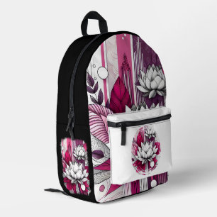 Lotus flowers, in magenta black & white  printed backpack