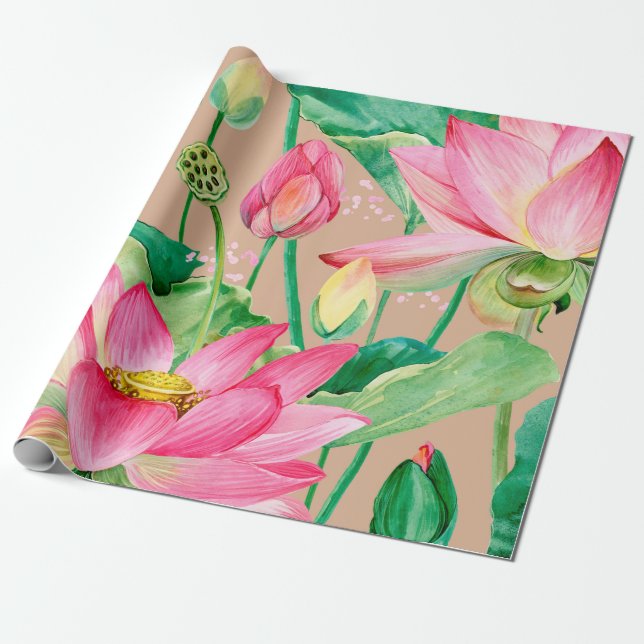 lotus flowers seamless pattern. watercolor botanic wrapping paper (Unrolled)