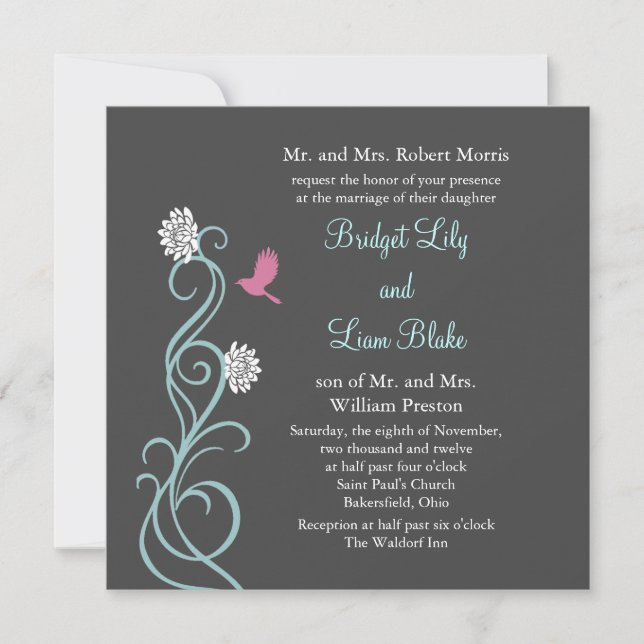 Lotus Flowers Wedding Invitation (grey) (Front)