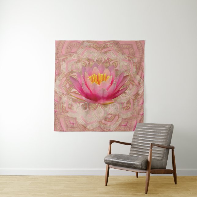 Lotus in Mandala Watercolor Gold and pastel pink Tapestry (In Situ)