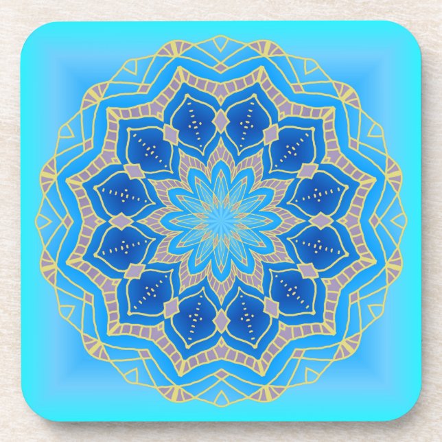 Lotus mandala in turquoise and blue coaster (Front)